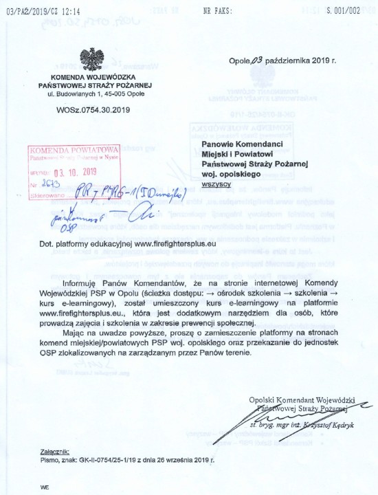 pismo Opolskiego Komendanta Wojewódzkiego PSP nr WOSz.0754.30.2019 w sprawie platformy edukacyjnej